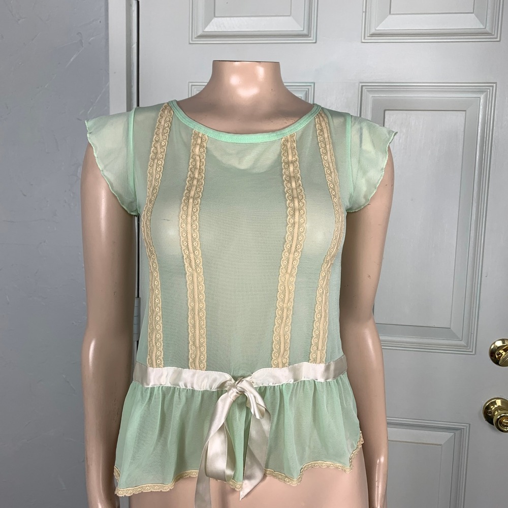 Vintage Y2K Lux Luxe Shirt Small Sheer Mesh Lace Baby Tee USA Made Nylon Vv21